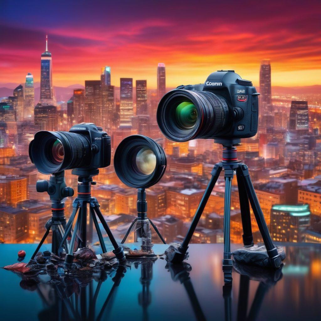A stunning montage depicting an array of high-end camera accessories, such as lenses, tripods, and filters, alongside vivid snapshots transforming into beautiful masterpieces of photography. The background features a blurred cityscape, symbolizing creativity. Include a vibrant color palette with a splash of artistic flair, representing the journey from ordinary to extraordinary in photography. super-realistic. vibrant colors. 3D.