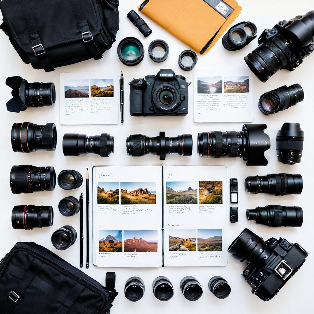 A dynamic flat lay of various camera gear including DSLRs, lenses, a tripod, and photography accessories, surrounded by vibrant snapshots of stunning landscapes and portraits, all framed by a stylish notebook with handwritten photography tips. The background should be softly blurred to focus on the gear and photos. super-realistic. vibrant colors. white background.
