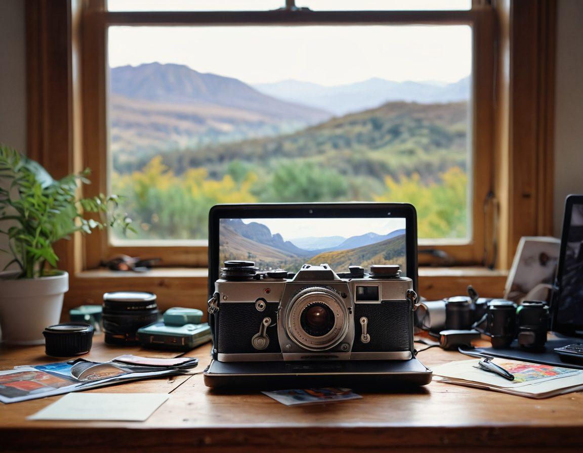 A beautifully arranged photographer's workspace featuring a vintage camera, colorful lenses, and a sleek laptop open to a photo editing software. Surround the scene with splashes of color from printed photographs and editing tools scattered artfully. The background shows a soft-focus view of a vibrant landscape, capturing the essence of photography. The mood should be inspiring and artistic, inviting readers to explore their own creativity. super-realistic. vibrant colors. natural light.